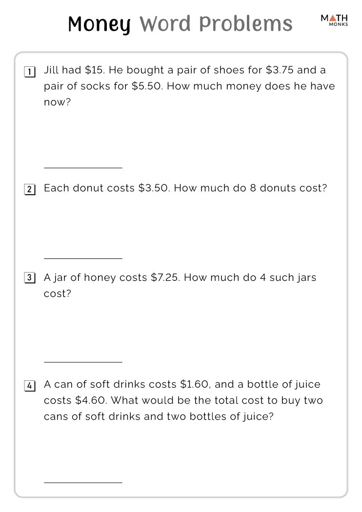 Money Word Problems Worksheets - Math Monks