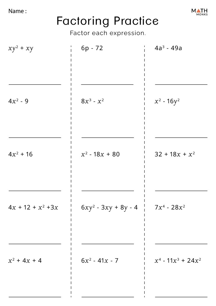 Factoring Worksheets Math Monks