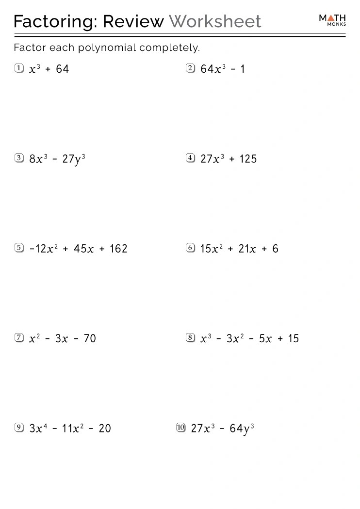 Factoring Worksheets Math Monks