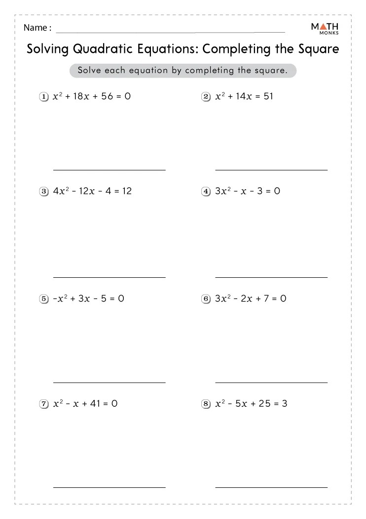 Completing the Square Worksheets Math Monks