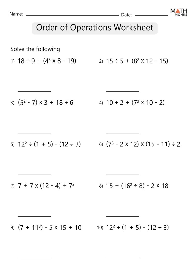 Order of Operations Worksheets - Math Monks