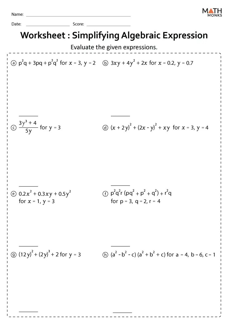 Algebraic Expressions Worksheets - Math Monks