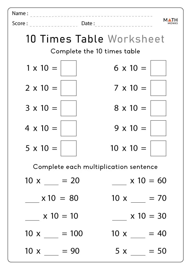 Times Tables Worksheets - Math Monks