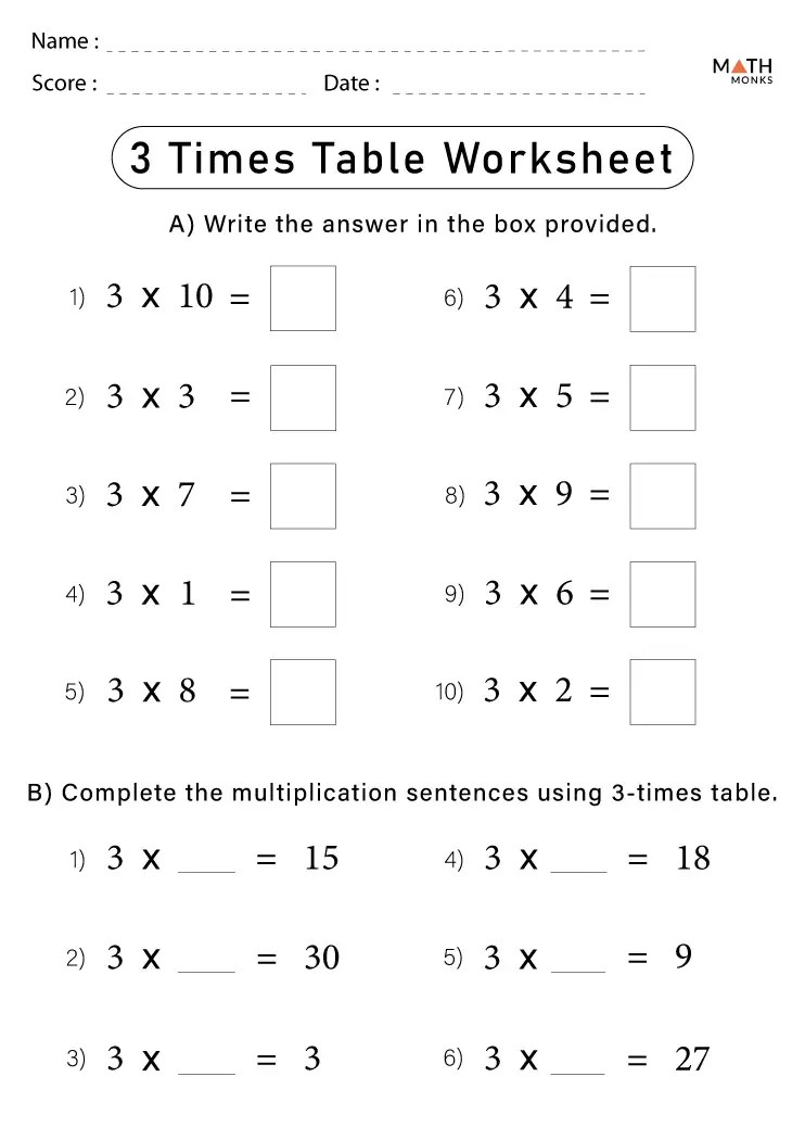 Times Tables Worksheets - Math Monks