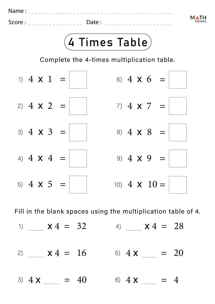 Times Tables Worksheets Math Monks