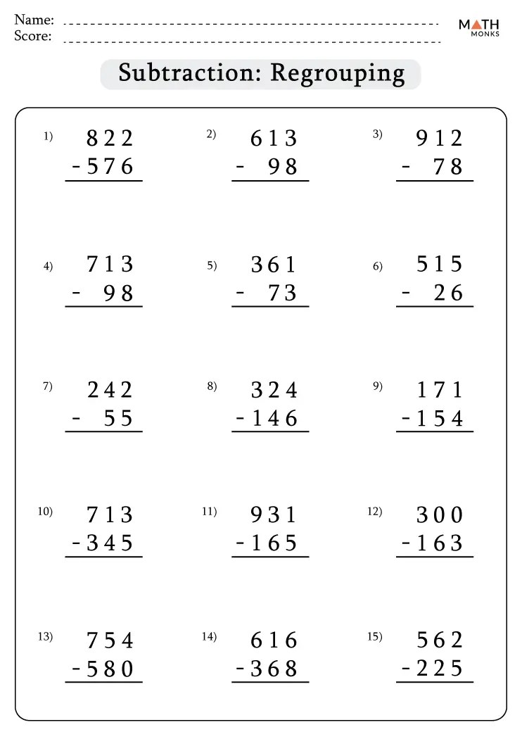 Subtraction with Regrouping Worksheets - Math Monks