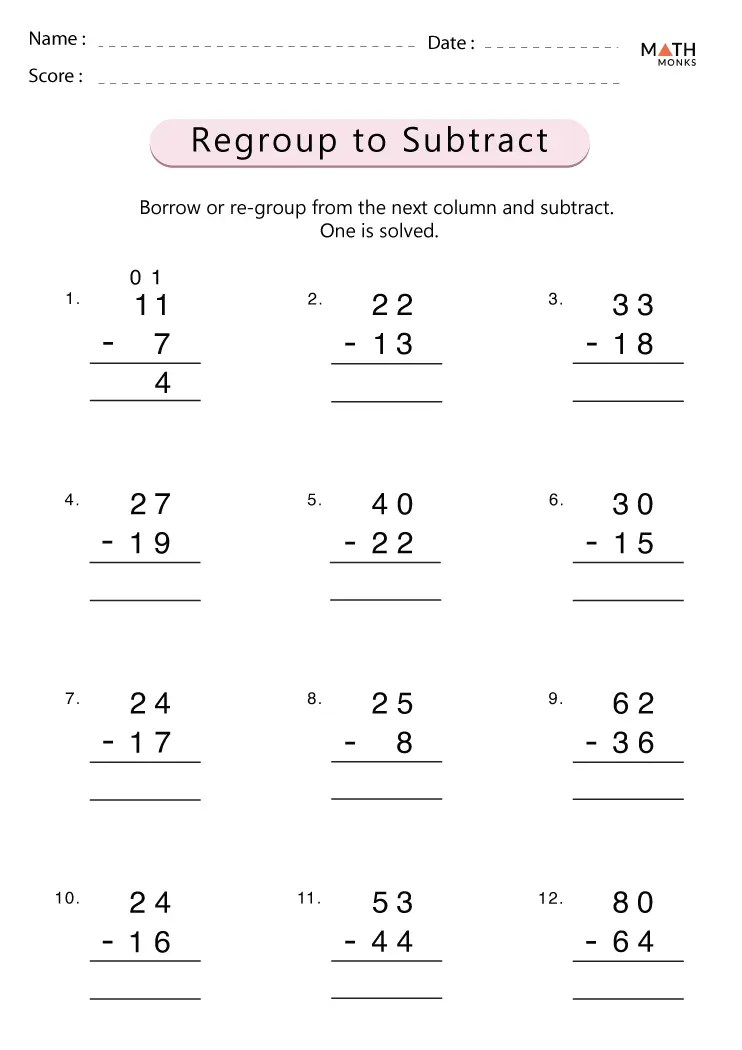 Subtraction with Regrouping Worksheets - Math Monks