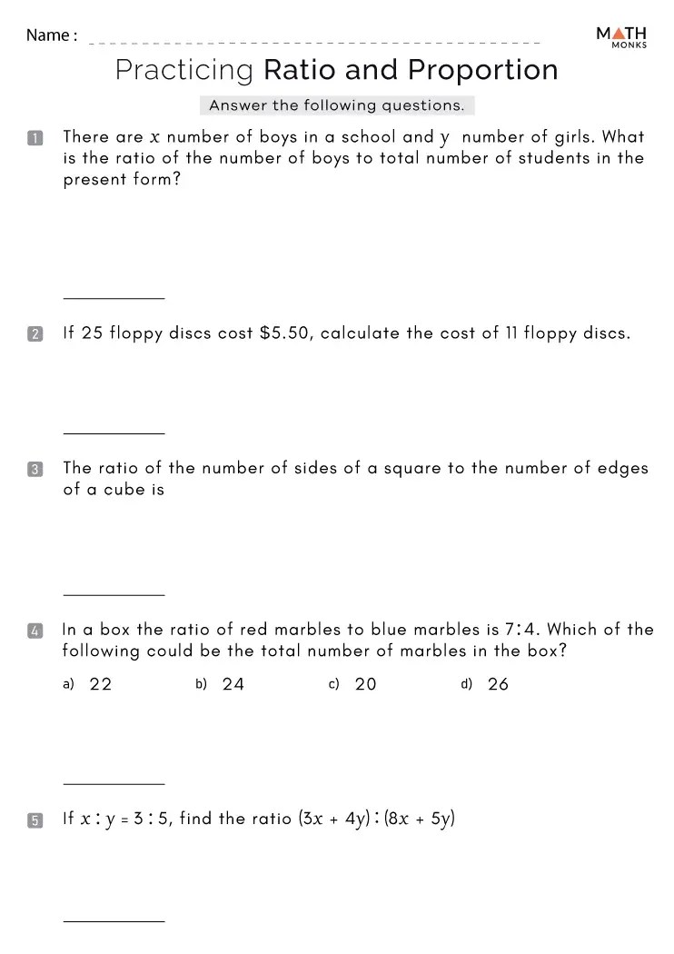 Ratio and Proportion Worksheets Math Monks