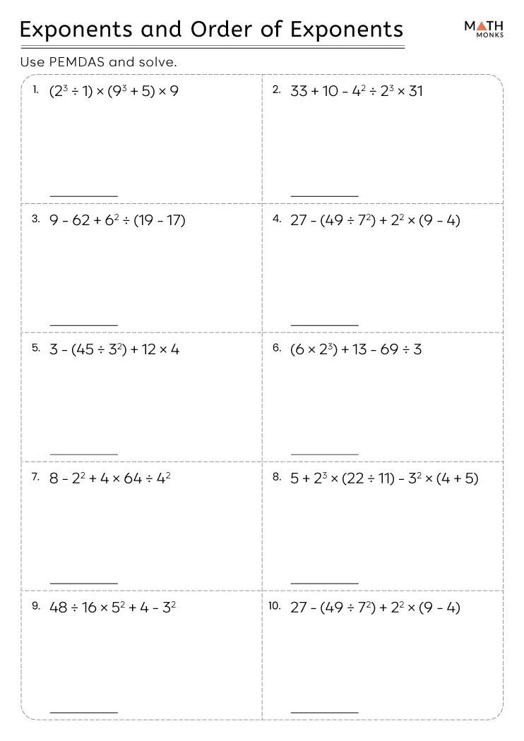 Order of Operations with Exponents Worksheets Math Monks