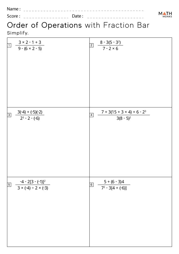 Order of Operations with Fractions Worksheets Math Monks