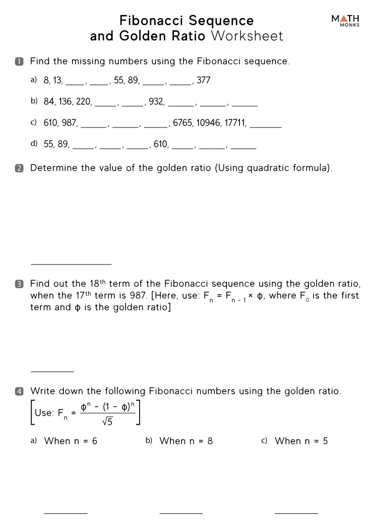 Fibonacci Sequence and Golden Ratio Worksheets Math Monks