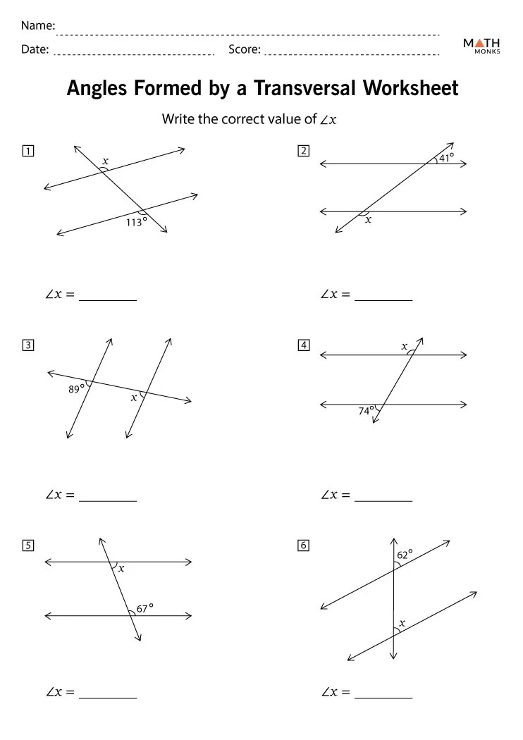 Parallel Lines and Transversals Worksheets - Math Monks