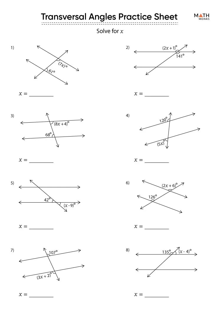 Parallel Lines and Transversals Worksheets - Math Monks