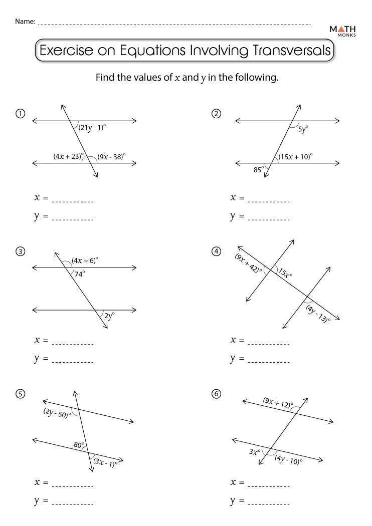 Parallel Lines and Transversals Worksheets Math Monks