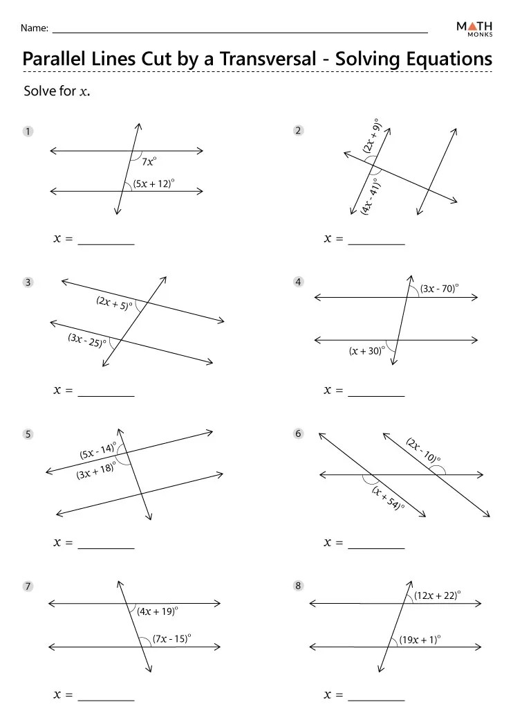 Parallel Lines and Transversals Worksheets Math Monks