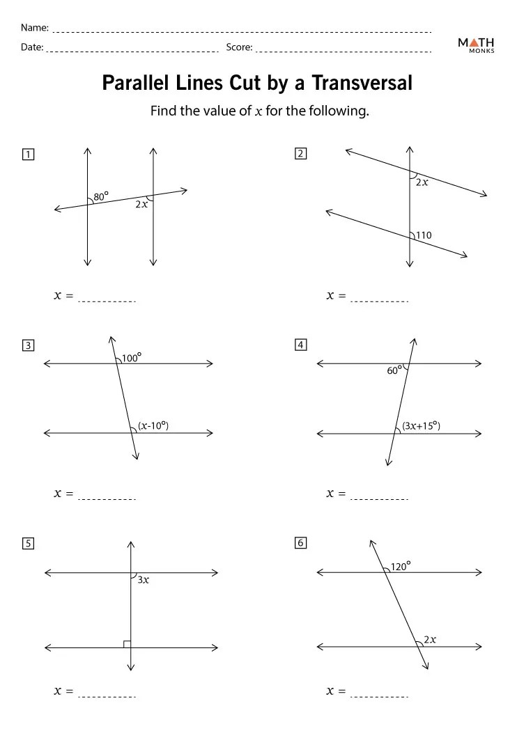 Parallel Lines and Transversals Worksheets - Math Monks