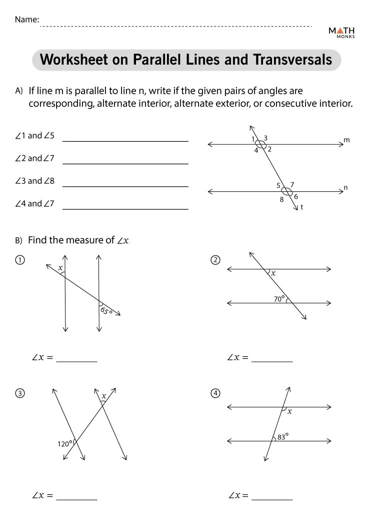 Parallel Lines and Transversals Worksheets - Math Monks