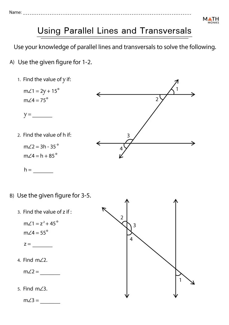 Parallel Lines and Transversals Worksheets - Math Monks