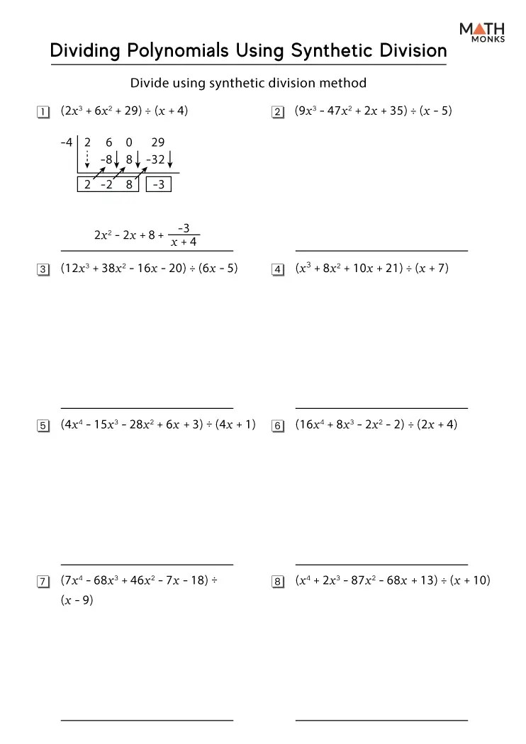 Dividing Polynomials Worksheets - Math Monks