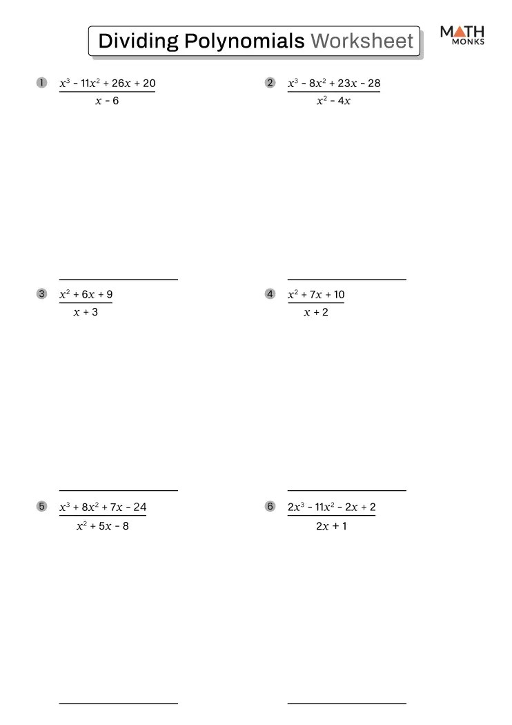 Dividing Polynomials Worksheets - Math Monks