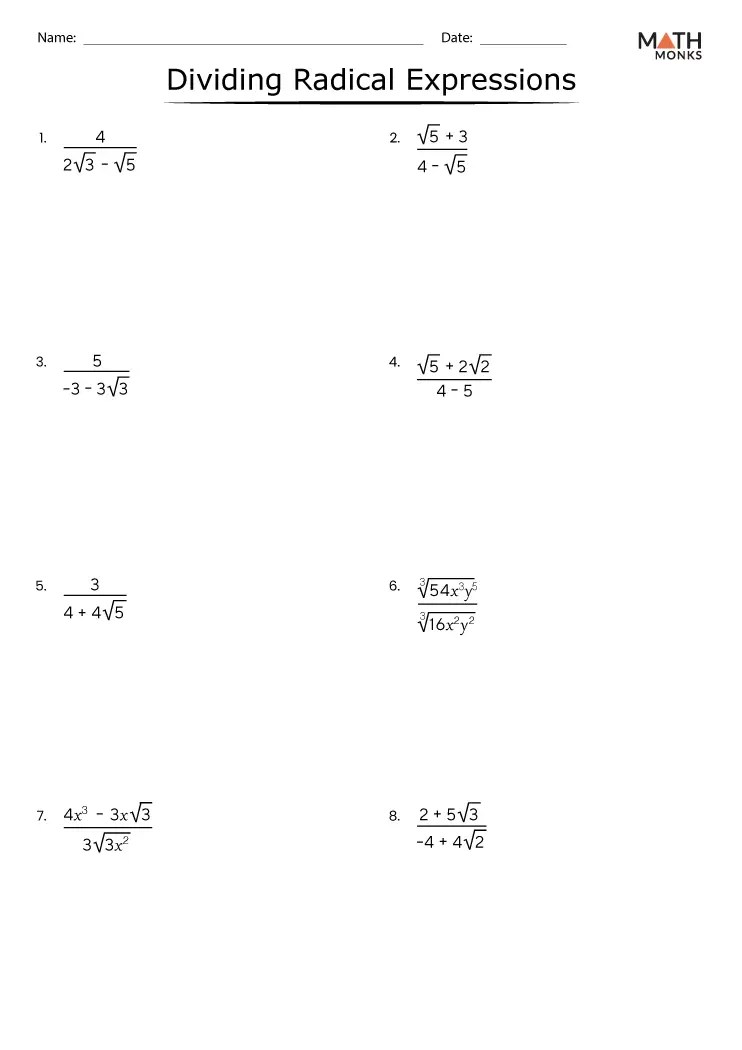 Dividing Radicals Worksheets Math Monks