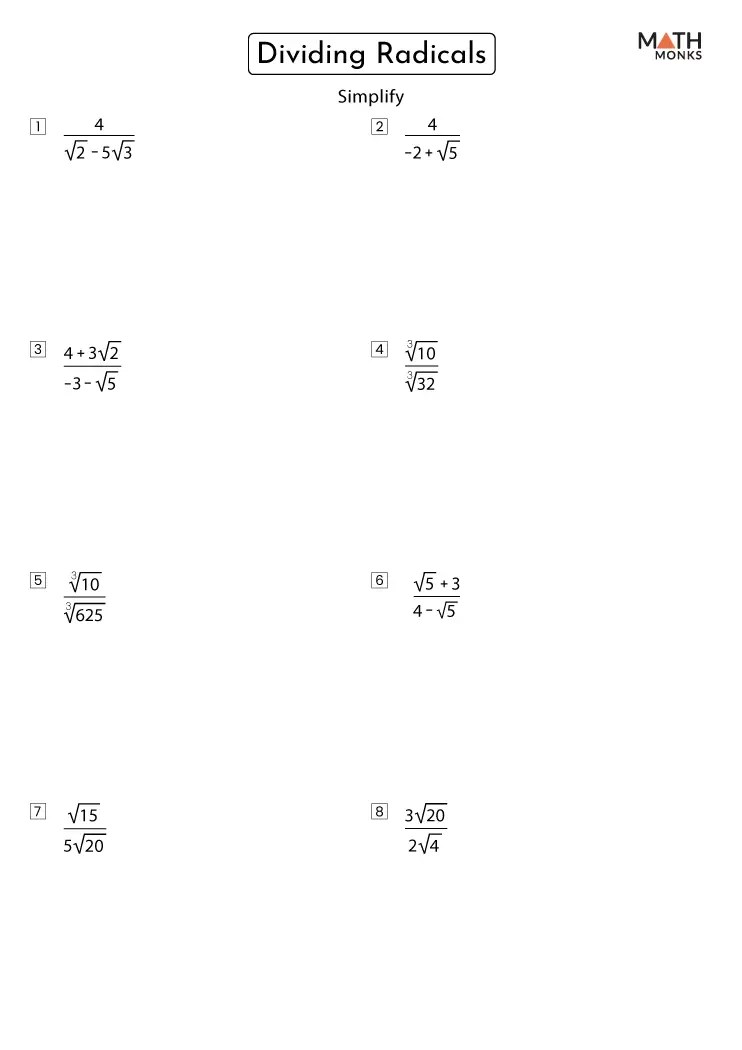 Dividing Radicals Worksheets Math Monks