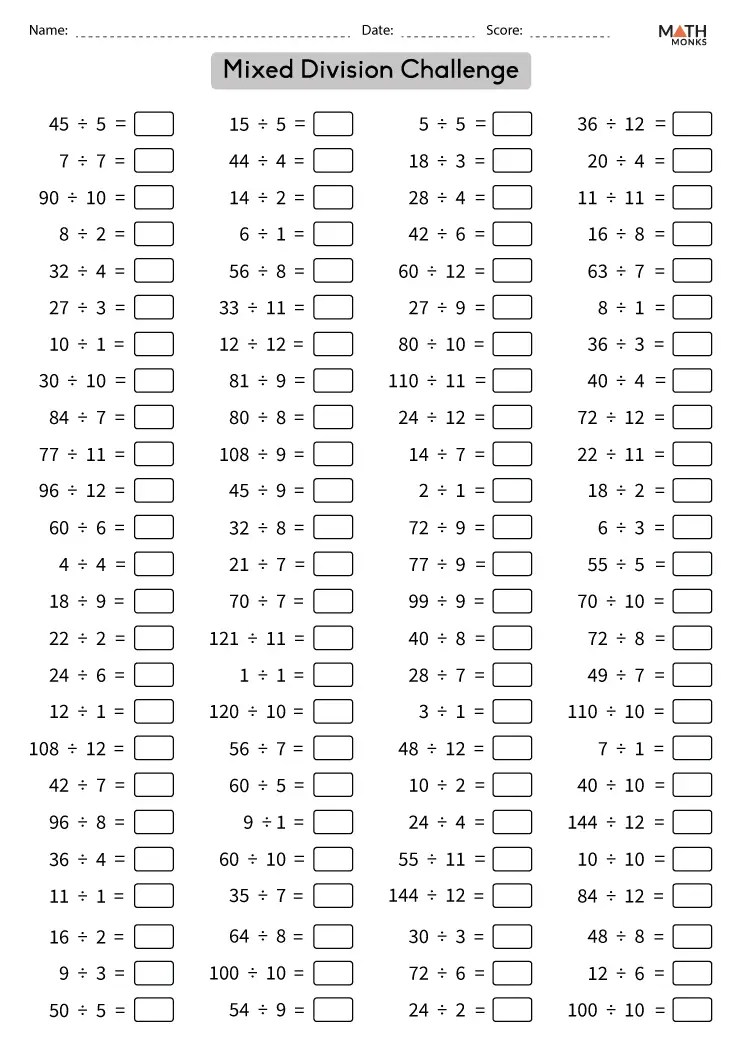Division Tables Worksheets Math Monks