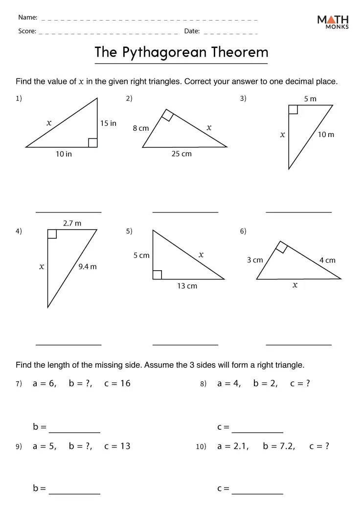 Pythagorean Theorem Worksheets - Math Monks