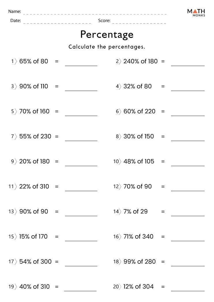Grade 5 Percentage Worksheets - Math Monks