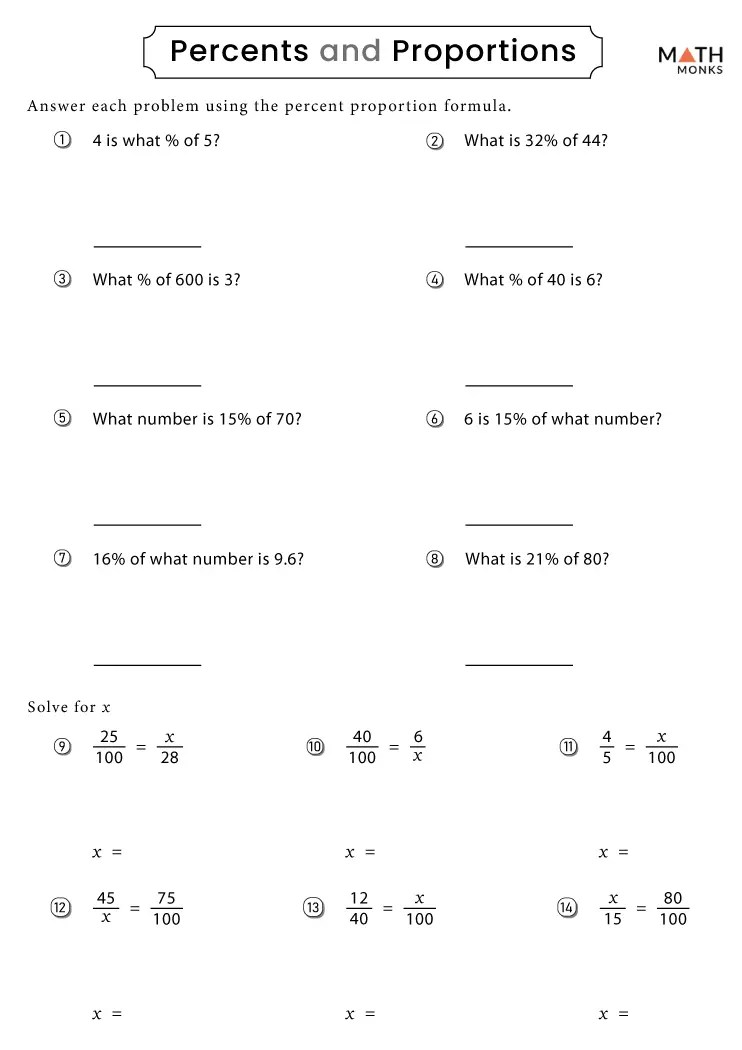 Percent Proportion Worksheets - Math Monks