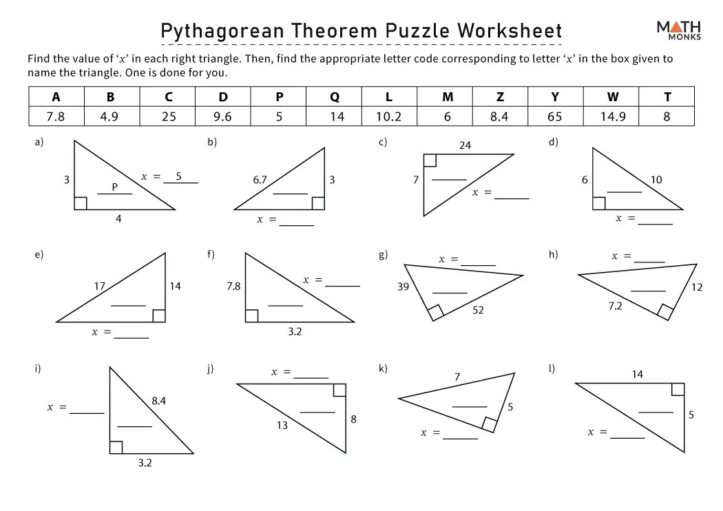 Pythagorean Theorem Worksheets Math Monks