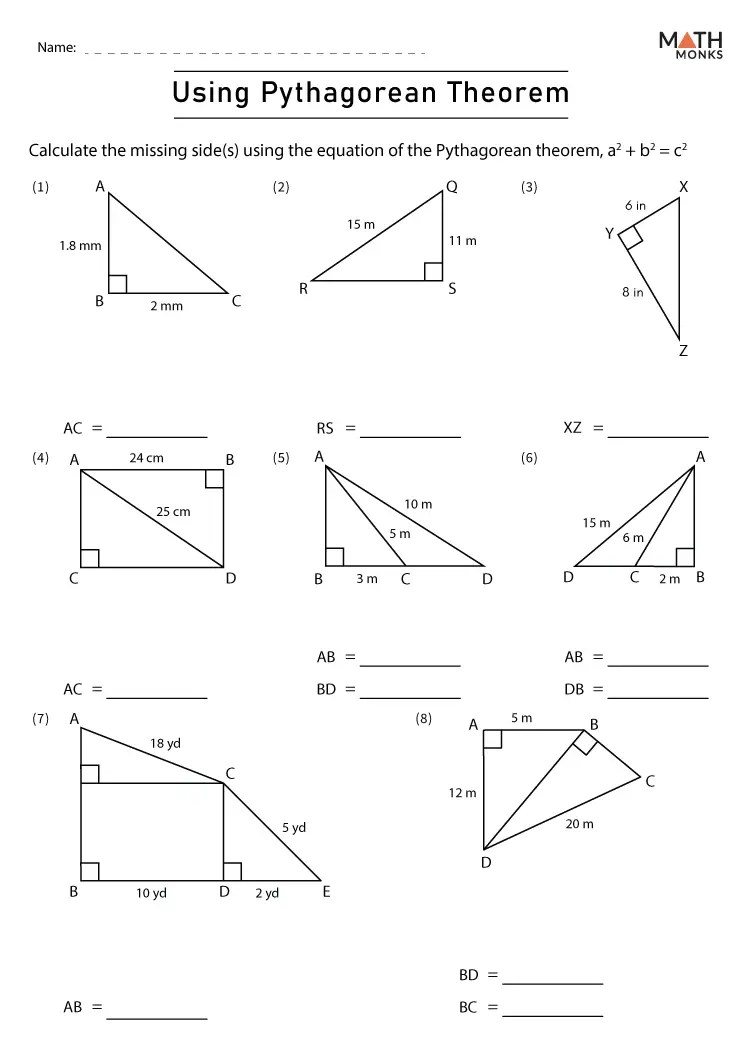 Pythagorean Theorem Worksheets - Math Monks