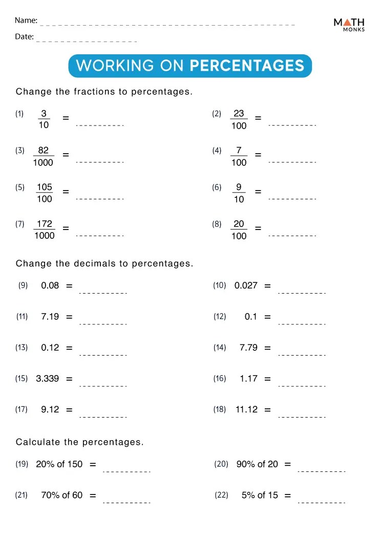 6th Grade Percent Worksheets - Math Monks