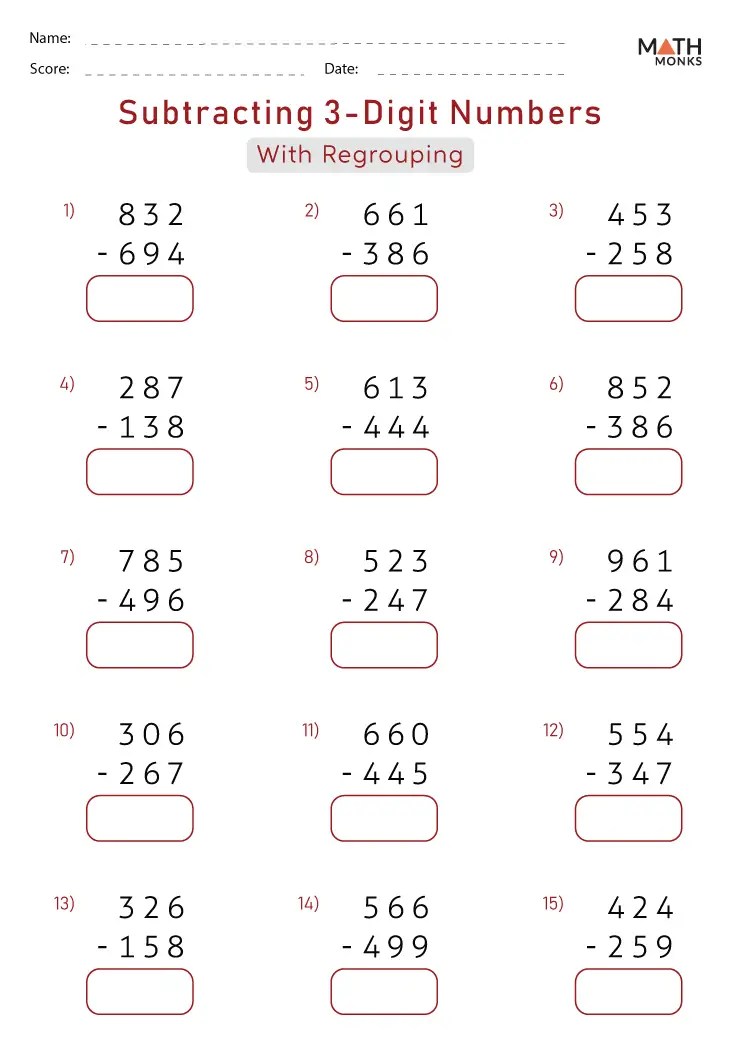 3 Digit Subtraction Worksheets - Math Monks
