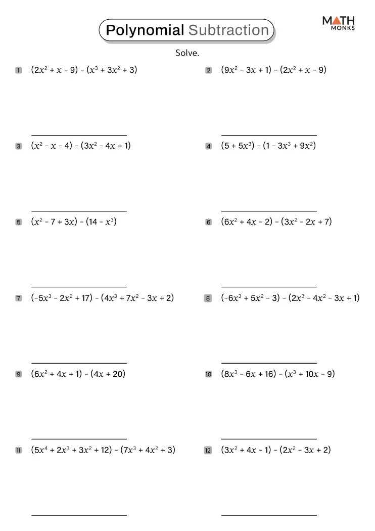 Subtracting Polynomials Worksheets - Math Monks
