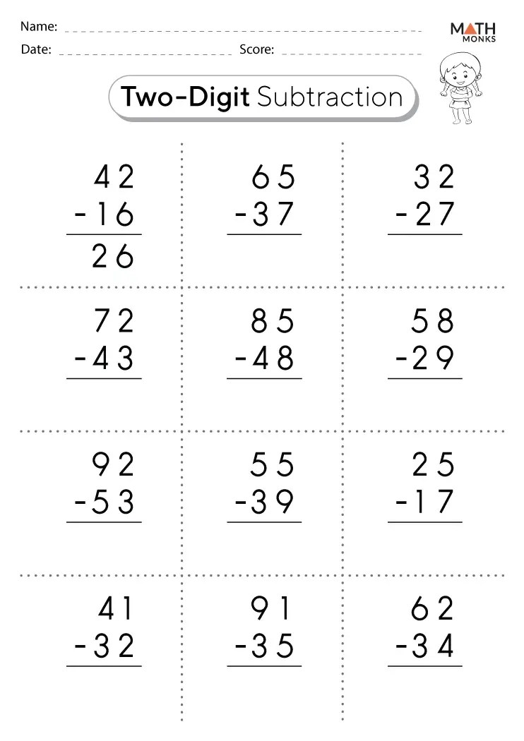 Double Digit Subtraction Worksheets - Math Monks