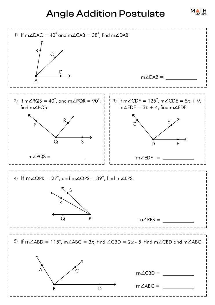 Angle Addition Postulate Worksheets - Math Monks