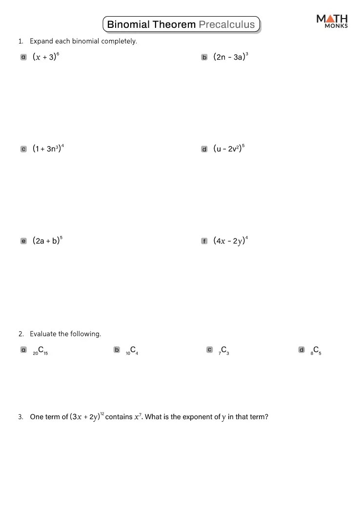 Binomial Theorem Worksheets Math Monks