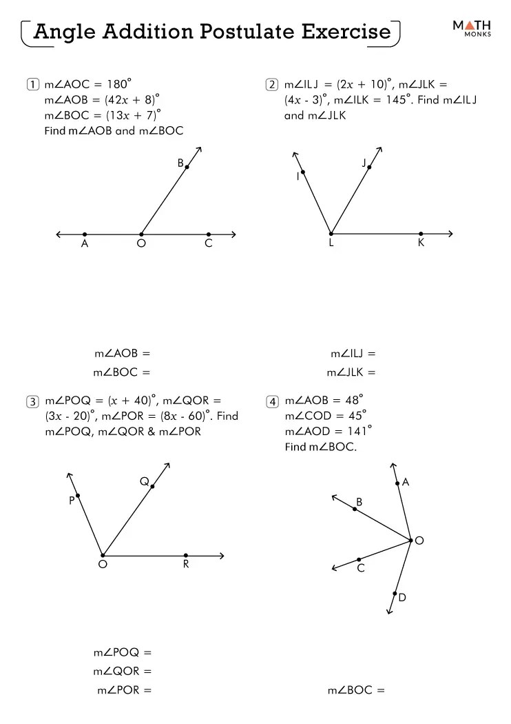 Angle Addition Postulate Worksheets - Math Monks