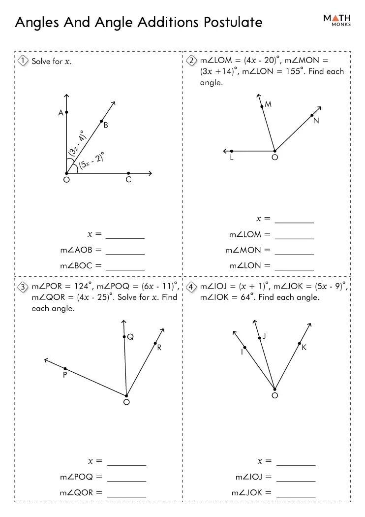 Angle Addition Postulate Worksheets Math Monks