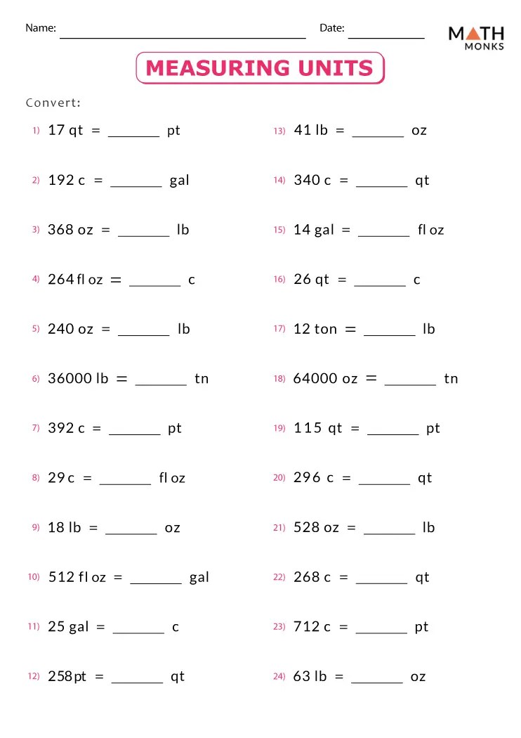 Measuring Units Worksheets - Math Monks