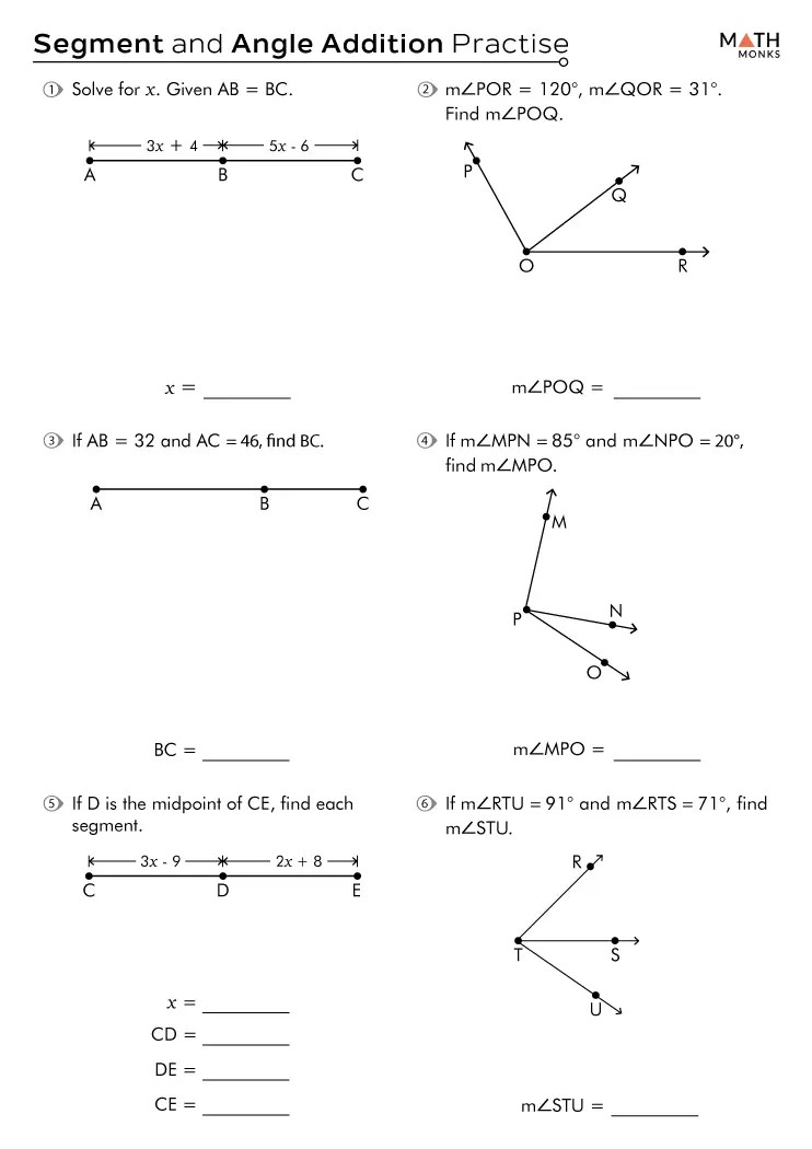 Segment Angle Addition Worksheets - Math Monks