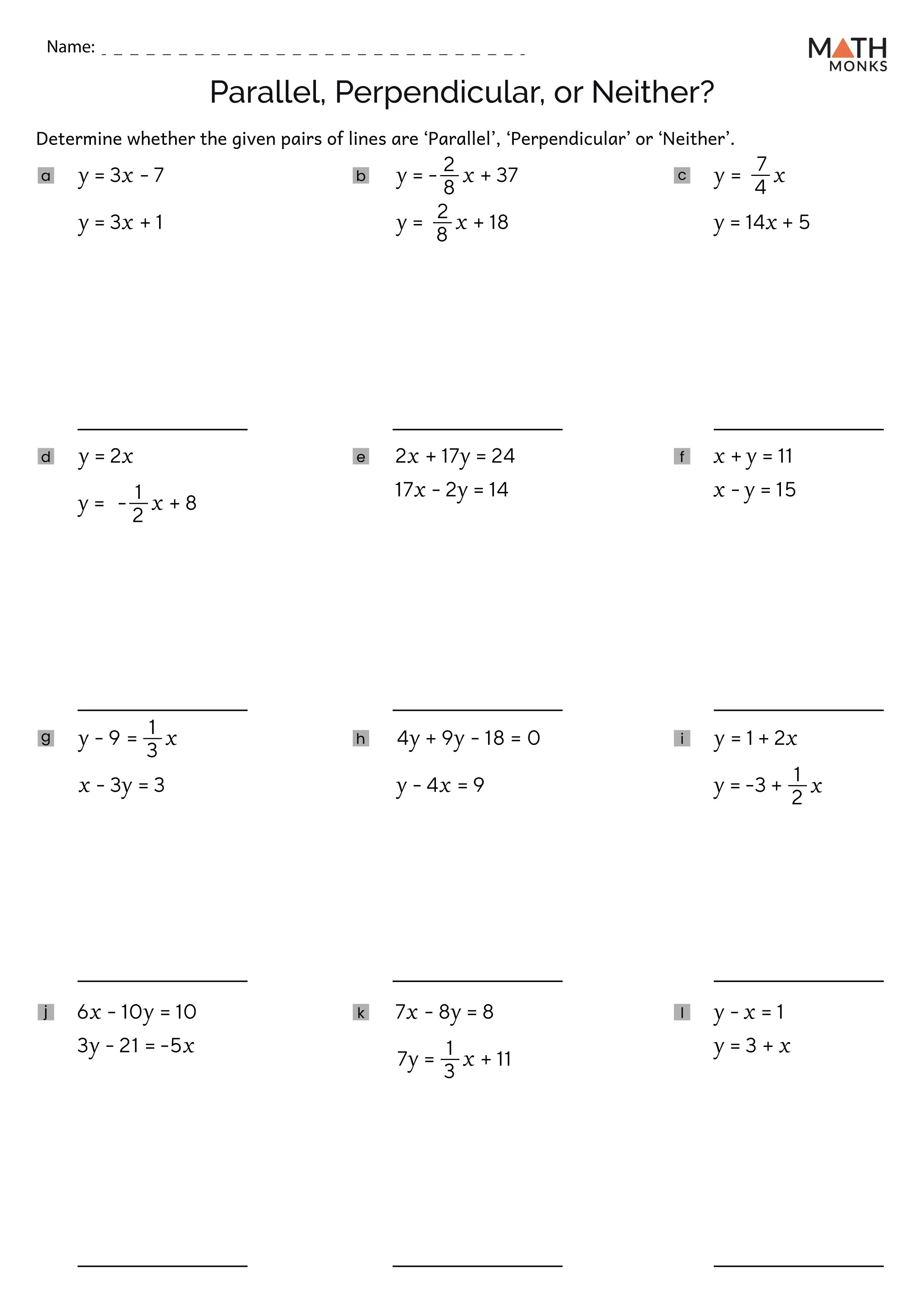 Parallel and Perpendicular Lines Worksheets - Math Monks