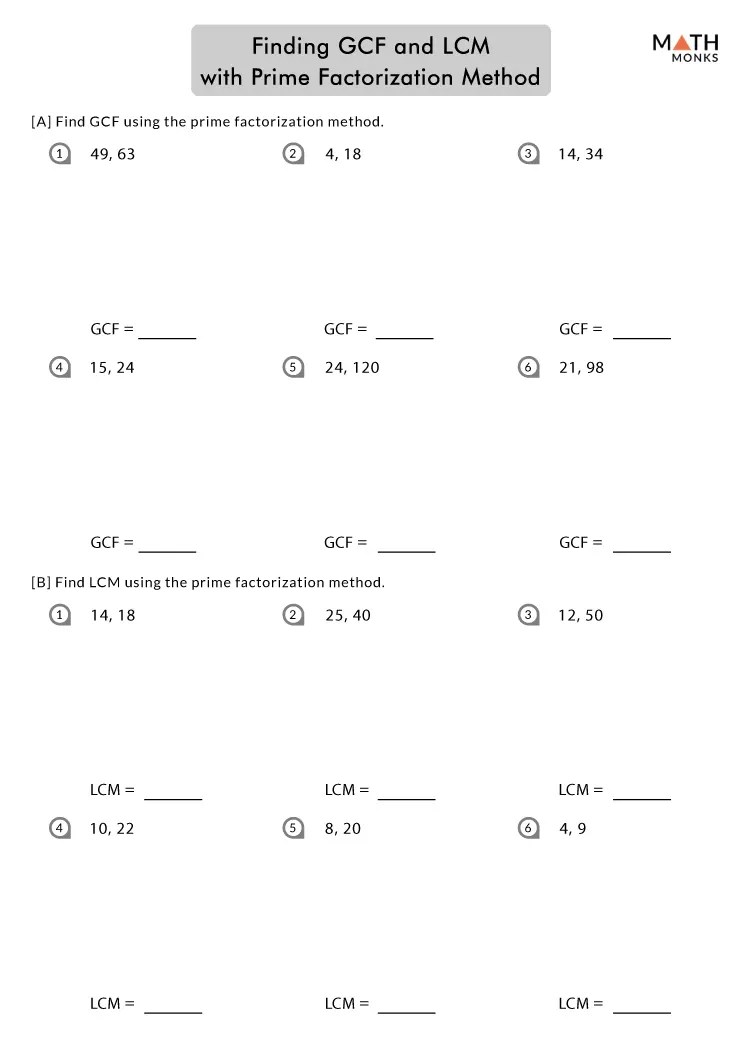 GCF and LCM worksheets - Math Monks