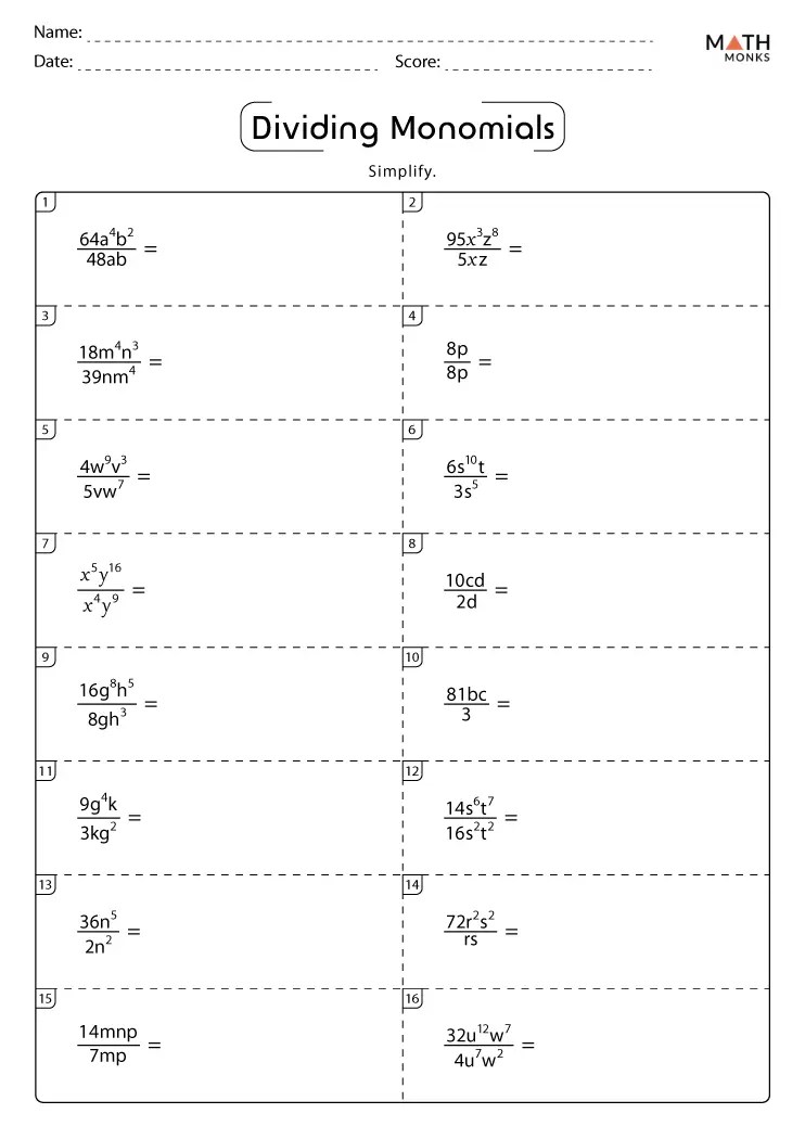 Dividing Monomials Worksheets - Math Monks
