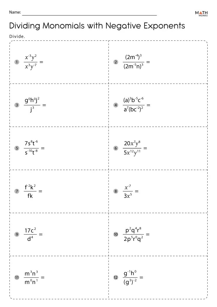 Dividing Monomials Worksheets - Math Monks