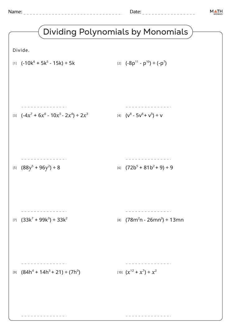 Dividing by Monomials Worksheets - Math Monks