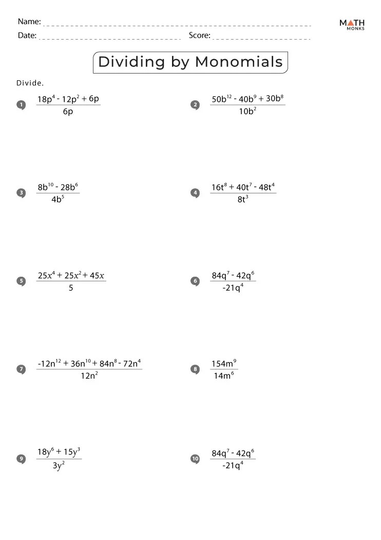 Dividing by Monomials Worksheets - Math Monks