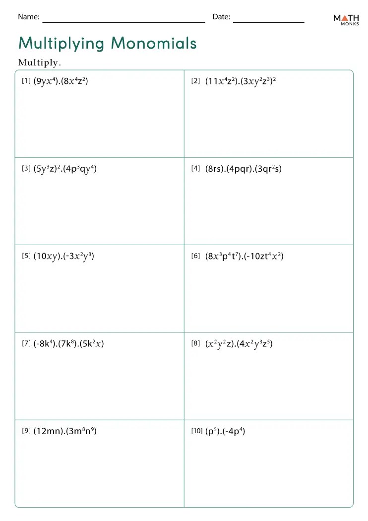 Multiplying Monomials Worksheets - Math Monks