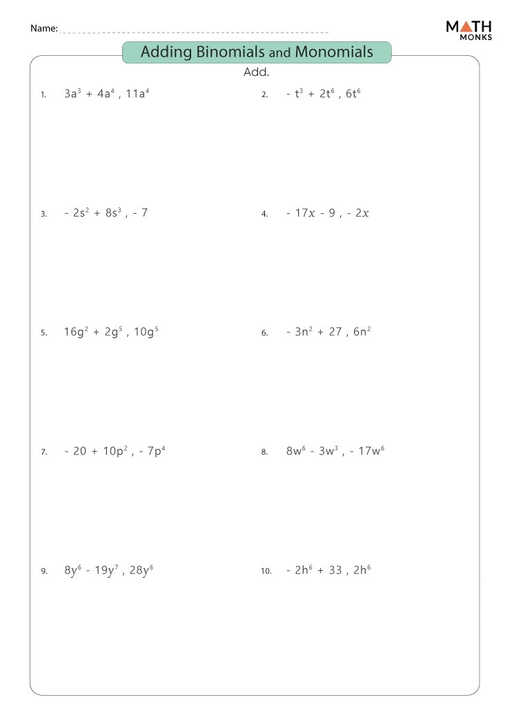 Adding and Subtracting Binomials Worksheets - Math Monks